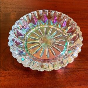 vintage iridescent pressed glass ashtray, likely from the mid-20th century.